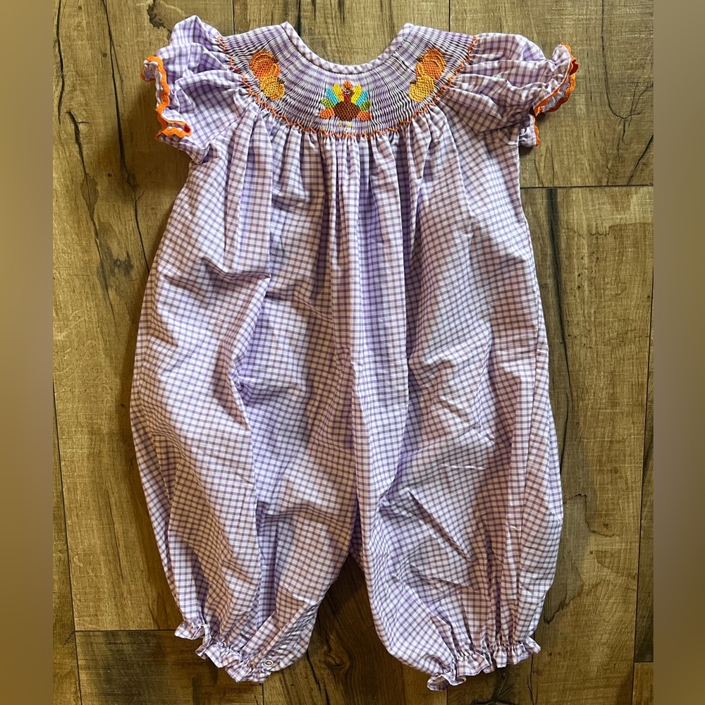 Classic Whimsy Thanksgiving Smocked Purple Long Bubble
